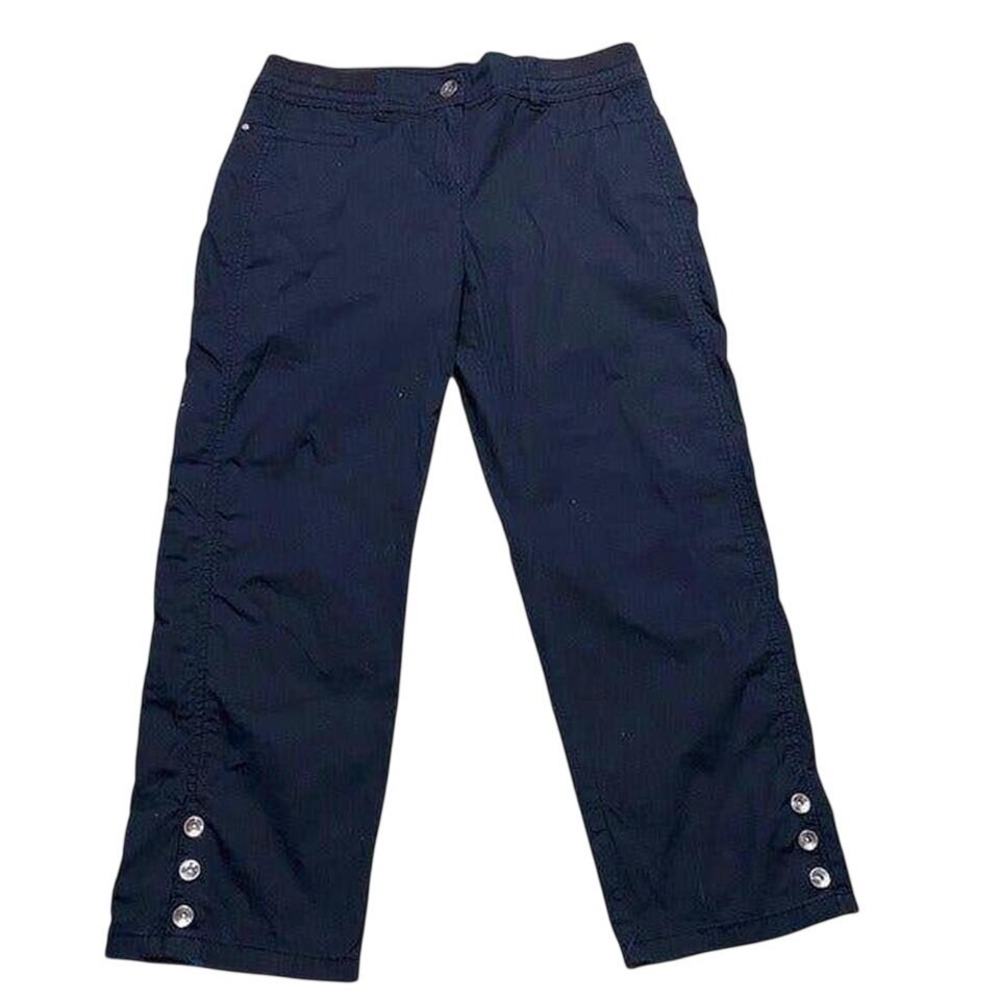 Chicos Navy Blue Cropped Pants Button Hem Elastic Waist Small Minimalist Size 0